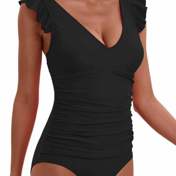 New Small Women's Black Ruffle Swimsuit - Picture 1 of 3